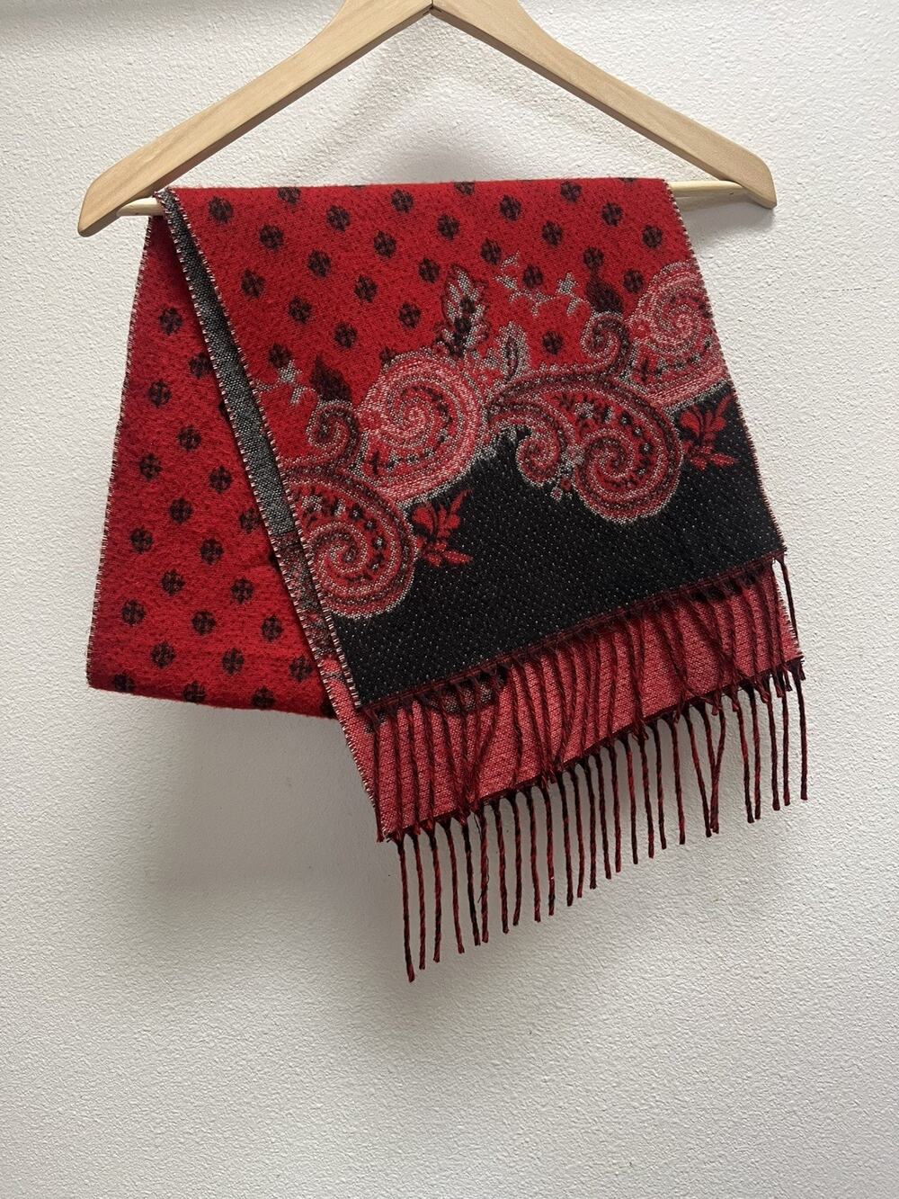 Cashmink V Fraas Scarf Red Black Paisley Fringe Made in Germany 100% Acrylic
